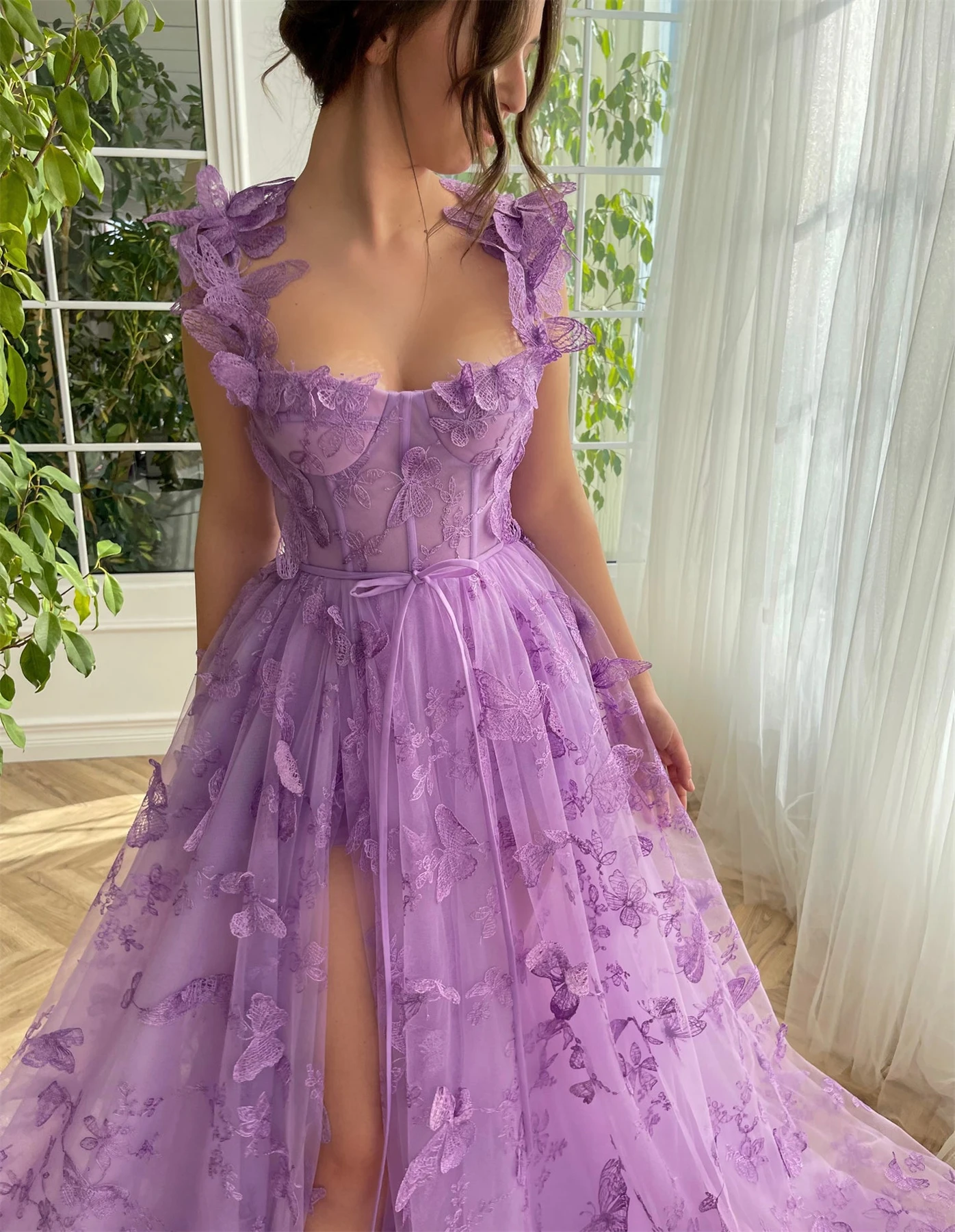 Lilac-3D Vestido De Noite De Borboleta, Spaghetti Straps Lace, Vestidos De Baile, Linha A, Fenda Alta, Lace Up, Vestido De Fada, 2024