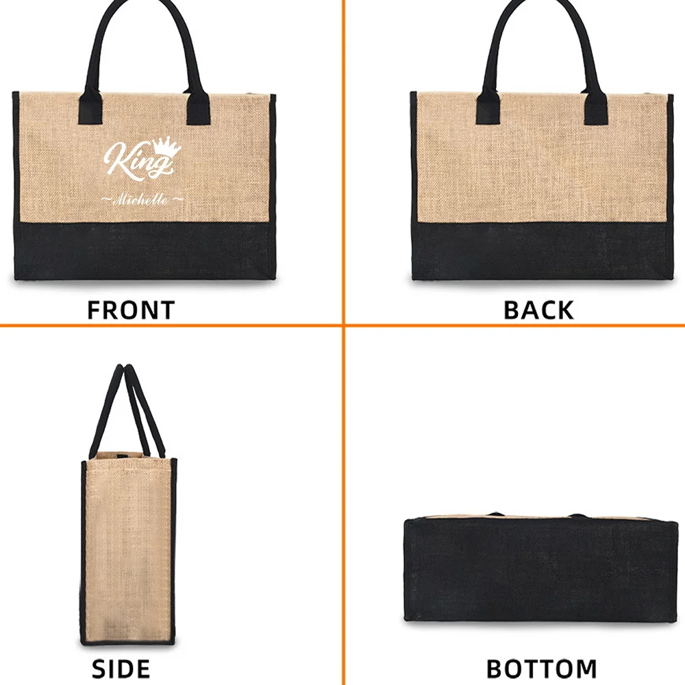 شخصية التخصيص اسم المرأة الجوت حقيبة تسوق الصيف حقيبة شاطئية حقيبة التخزين سعة كبيرة حقيبة يد عادية