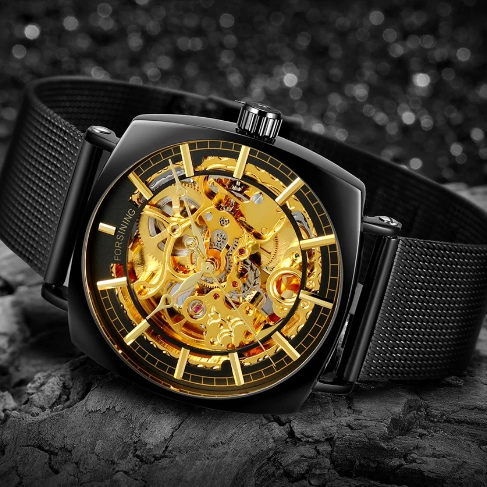 

Модные механические часы для мужчин, квадратные автоматические часы с автоподзаводом и скелетом, аналоговые черные тонкие сетчатые часы со стальным ремешком, Relojes Hombre