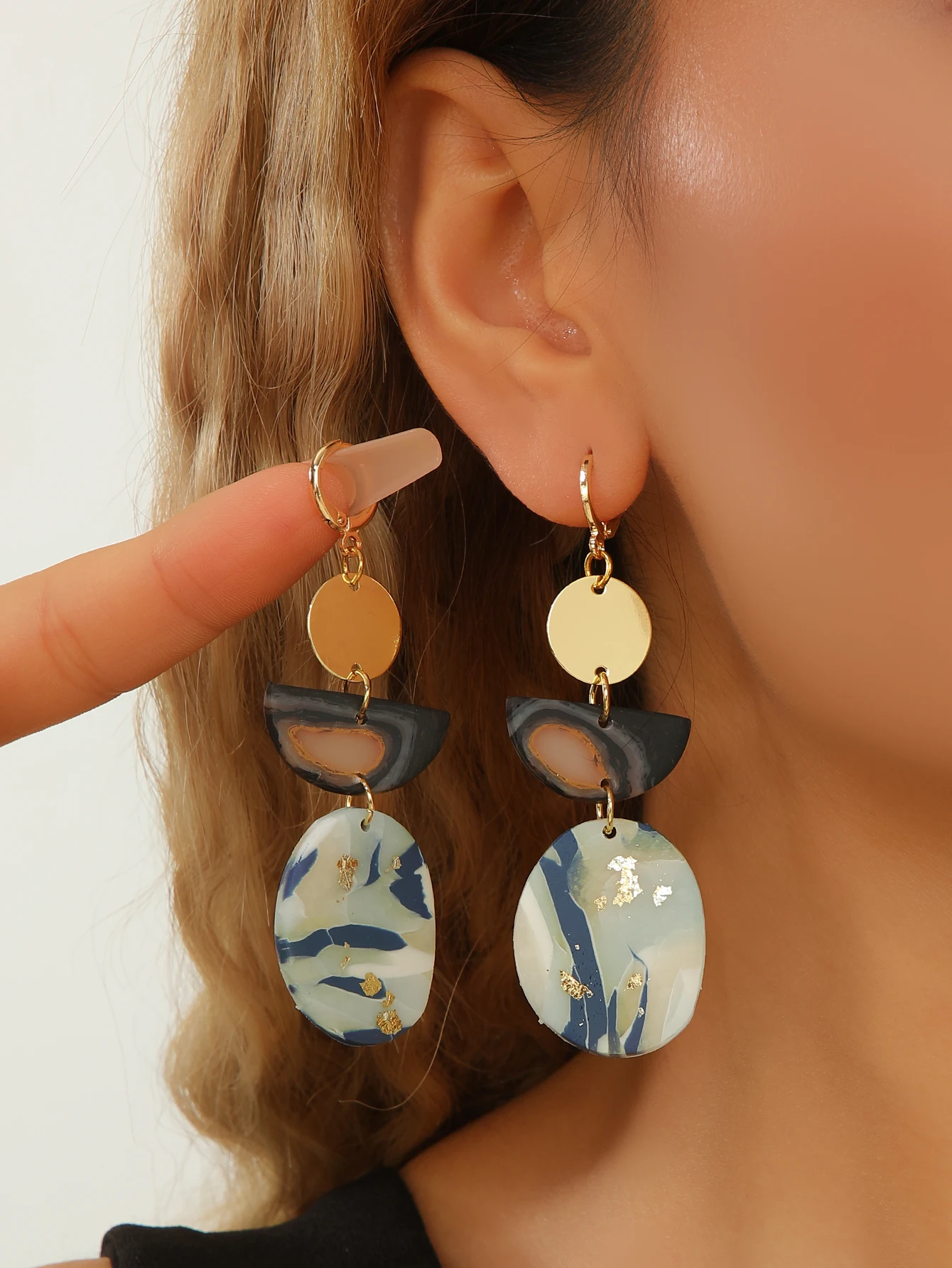 Trendy Artistic Polymer Clay Earrings Agate Effect Gold Foil Geometric Nugget Dangle Fashion Jewelry Women Daily Wear Accessorie