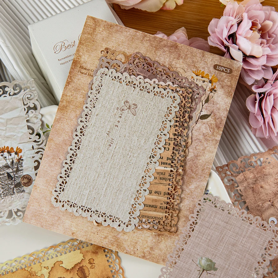 10 ، ورق من مادة الدانتيل الزهري العتيق ، ألوان مختلفة ، مواضيع خيالية ، تستخدم للقرطاسية واليوميات والحرف اليدوية والفن