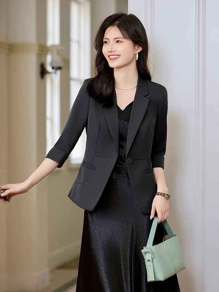 

Черный повседневный женский пиджак с зауженной талией, весна 2026, новый стиль, модный, для офиса, из ветрозащитного полимерного материала, с рукавом 3/4