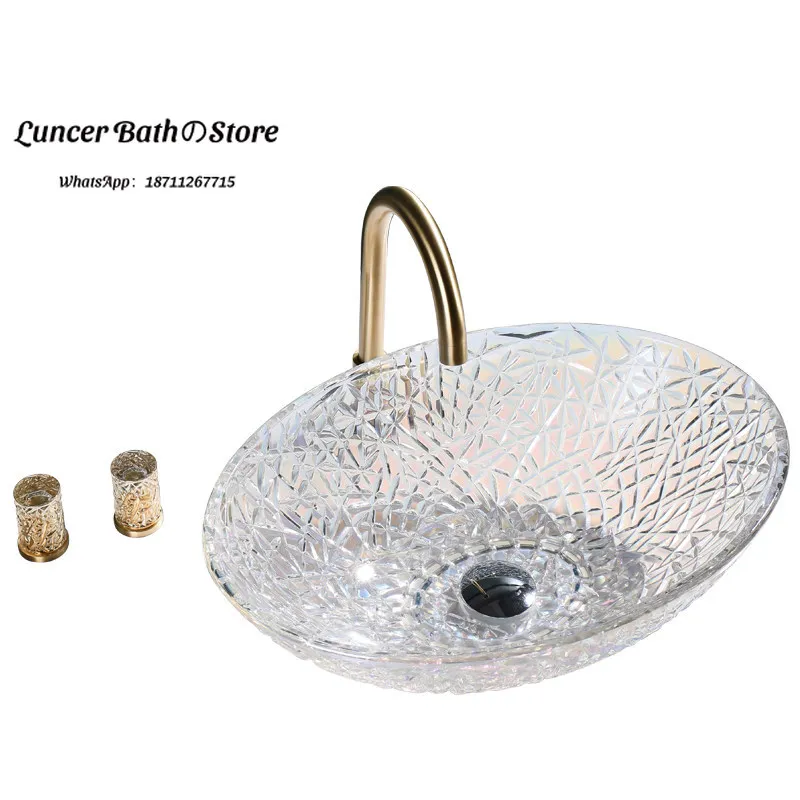 Fashion Minimalist Oval Crystal Glass Vessel Sink Striped Random Grain Textured Tempered Glass Wash Basin For Modern Bathroom