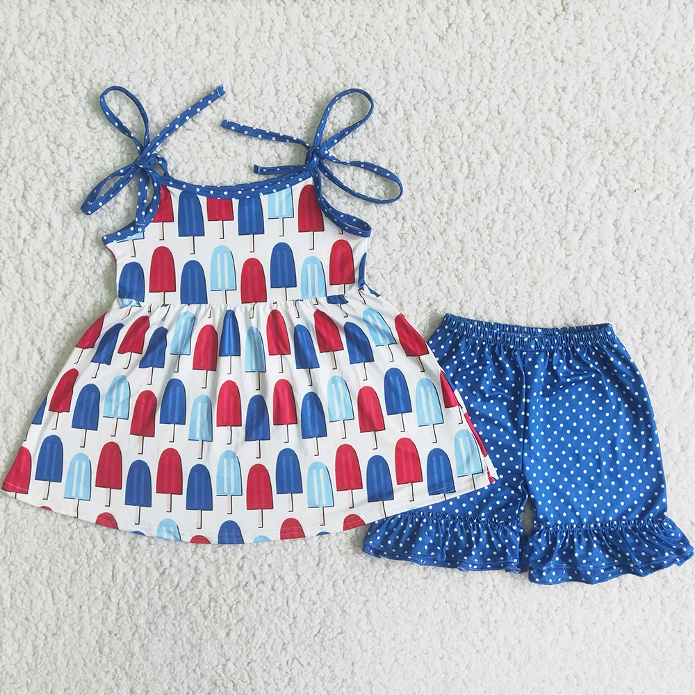 

Hot Sale Summer Toddler Baby Girls Clothing Set Fashion Ice cream Dress and Ruffles Short Pants July 4th Boutique Girls Outfits