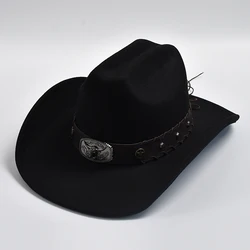 New Artificial Wool Western Cowboy Hats for Men Women Vintage Wide Brim Fedoras Hats Gentleman Lady Cowgirl Jazz Hats