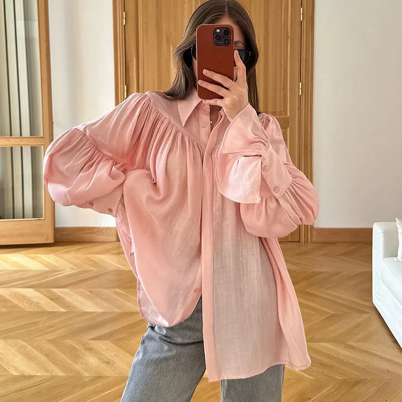 EAEOVNI ファッション女性日焼け止めブラウス 2025 ひだフレアスリーブボタンルーズ無地シャツカジュアル 2025 新しい服 1A1129