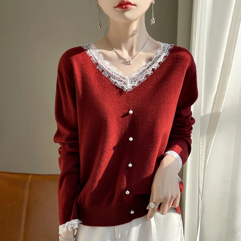 

Women's Autumn And Winter Lace V-neck Knitted Sweater Fashionable Versatile Top Elegant And Chic Long Sleeved Wool Sweater SL