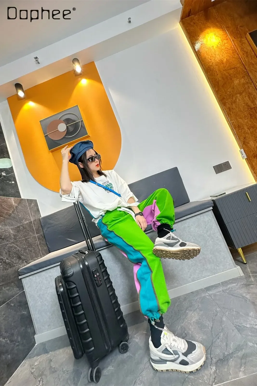 

High Waist Drooping Straight Loose Casual Pants Color Contrast Patchwork Sweatpants Women's 2023 Spring Autumn Sports Trousers
