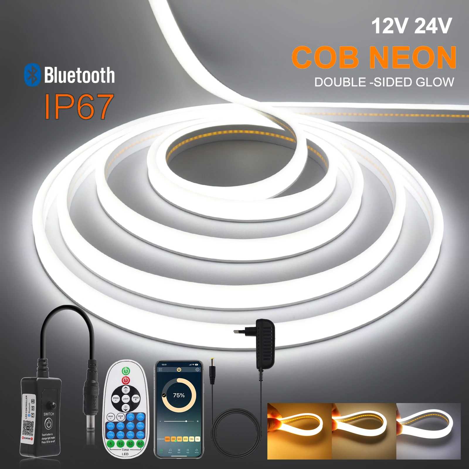 

Bluetooth APP Dimmable COB Led Strip Light 12V 24V IP67 Neon Led Lamp Tape 320LEDs/m 3000K 4000K 6000K With EU/US/UK/AU Adapter