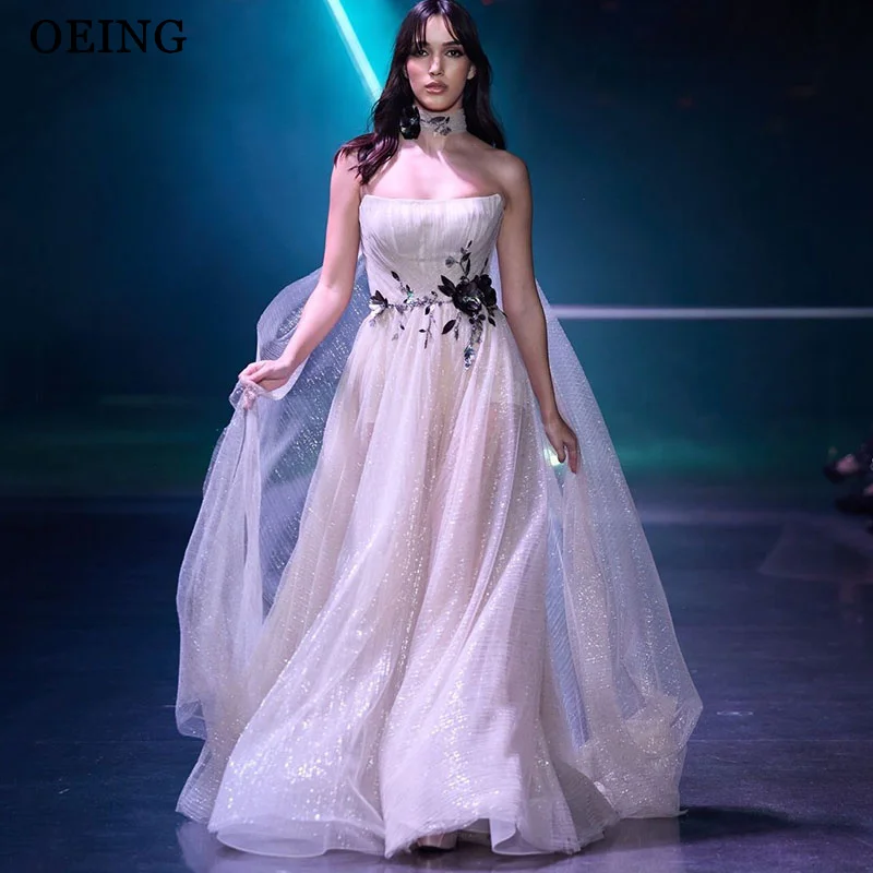 

OEING Princess A-Line Prom Dresses Strapless Appliques Party Gowns Exquisite Floor-Length Soft Tulle Dress Customized