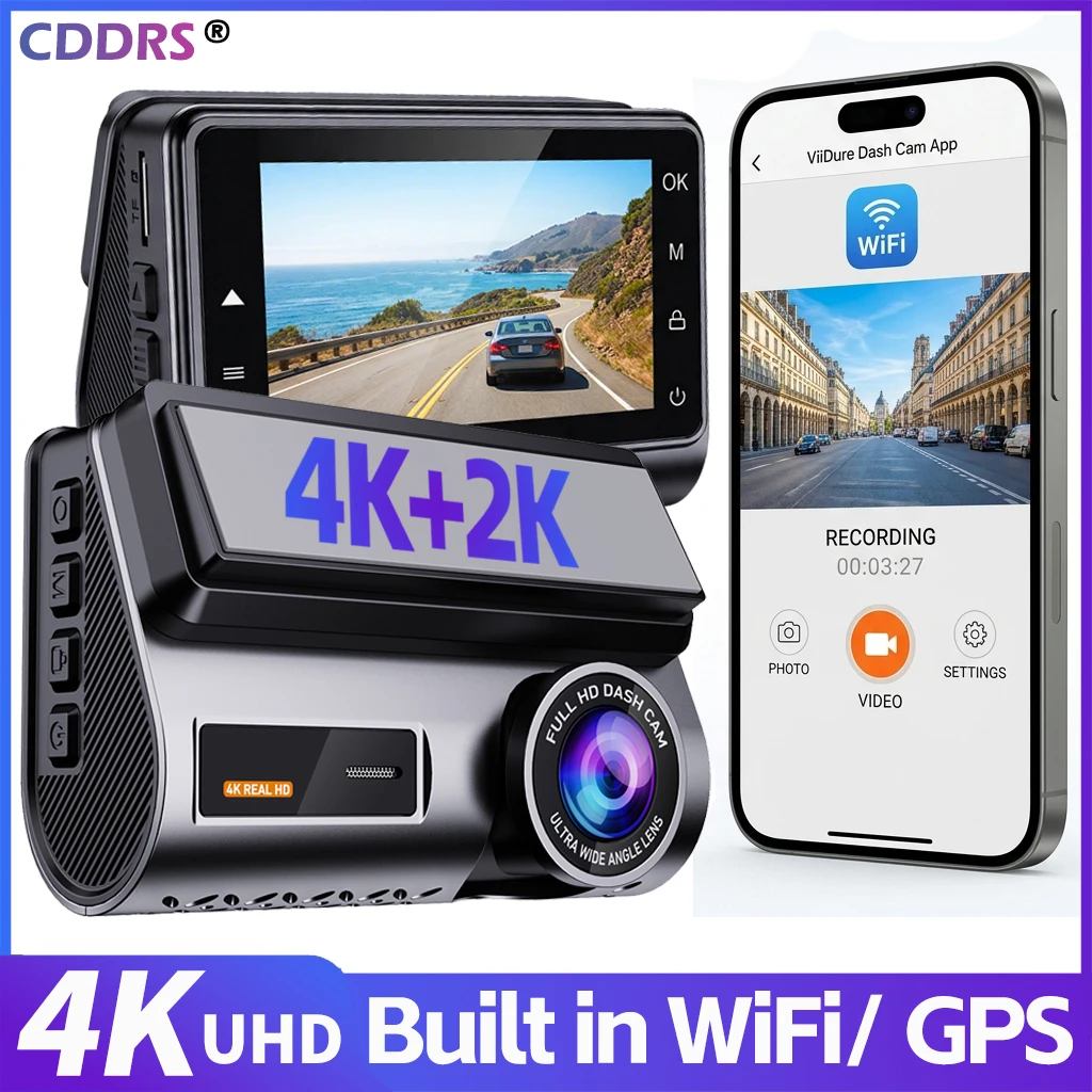 4K Mini Dash Cam GPS WiFi App Control Front 2160P and Rear 2K Dual Camera Night Vision G-Sensor 24H Parking Monitor Support 256G