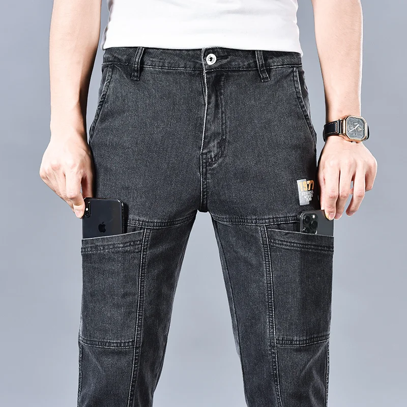 Moda 6-kieszenie Design dżinsy męskie czarne szare niebieskie rozciągliwe proste spodnie dżinsowe na co dzień markowa odzież bawełniane spodnie męskie