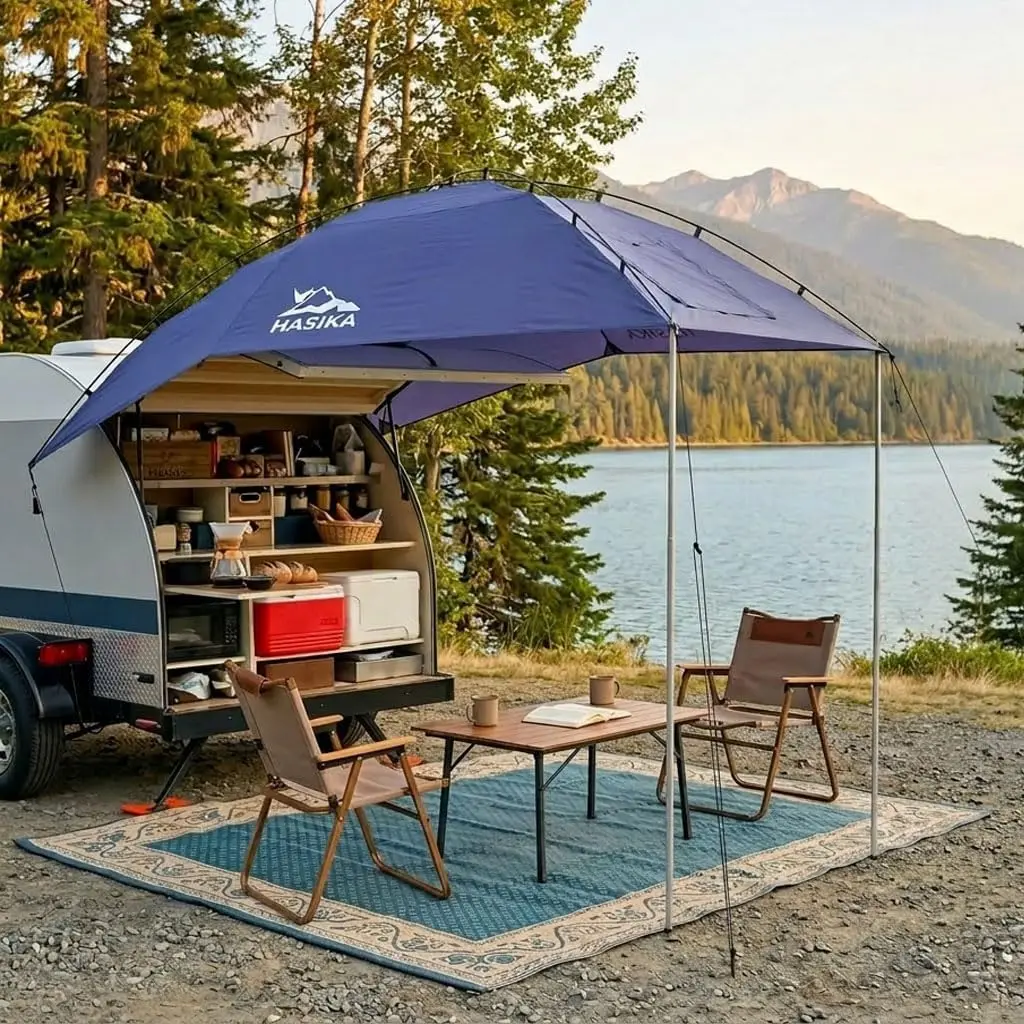 Waterproof SUV Tailgate Tent and Car Awning | Universal fit for SUVs Vans RV Trailer. Features heavy-duty suction cups, adjustab
