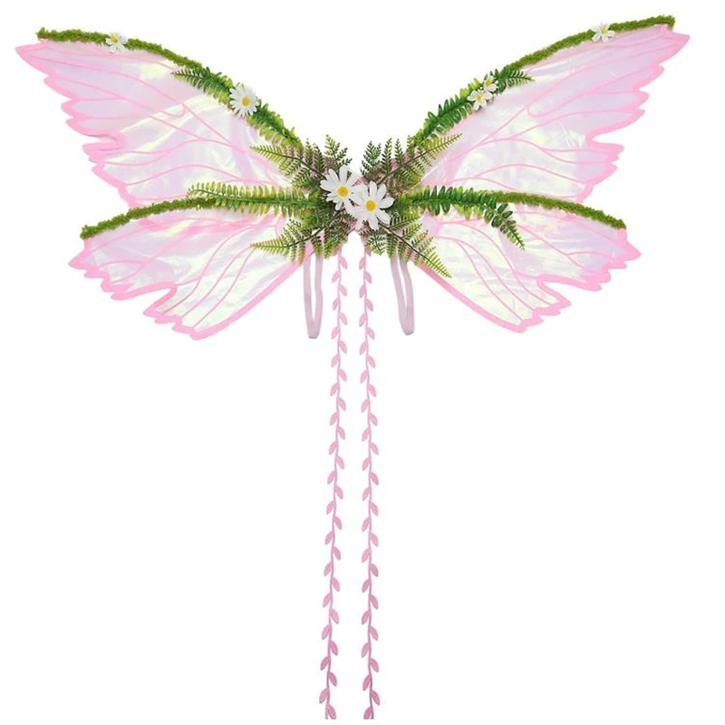 Iridescent Rose Butterfly Fairy Costume for Girls with Green Ferns and White Daisies Floral Princess Accessories Costume Props