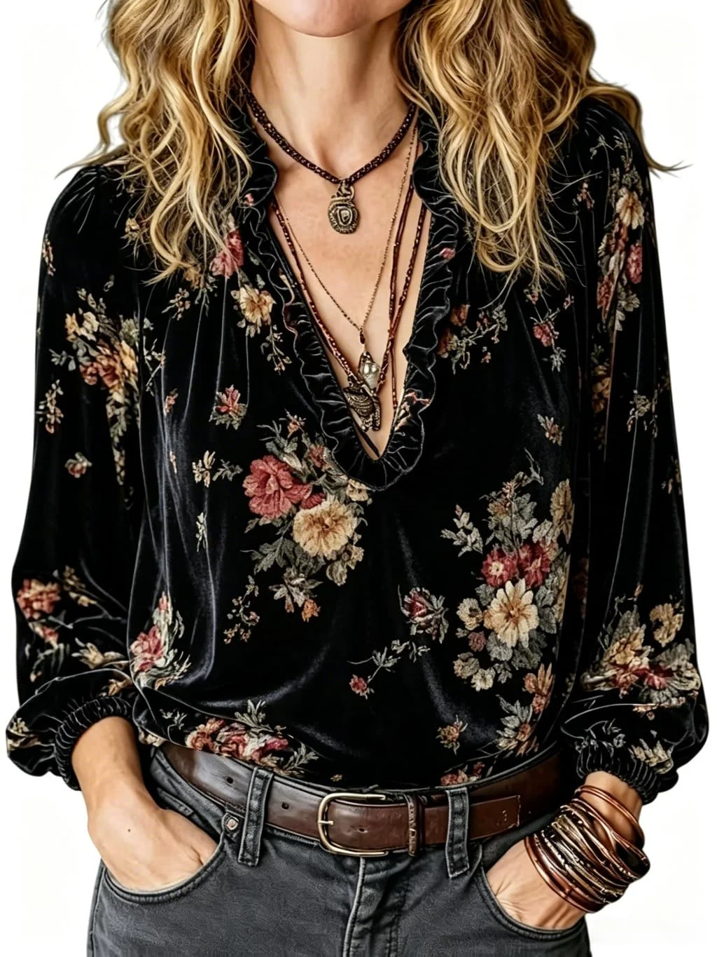 Blusa de veludo dourado com estampa vintage, gola V, manga comprida, para outono/inverno, feminina, estilo streetwear de luxo, nova, para festas.