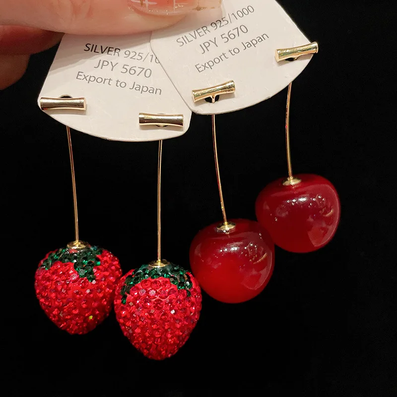 Sweet Red Cherry and Strawberry Drop Long Earrings Lovely Fruit Dangle Jewelry Gifts for Women
