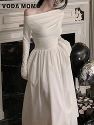 Spring Autumn Women Korean Off Shoulder Long Sleeve Birthday Robe Streetwear Corset Clothes Fashion Evening Party Solid Dress