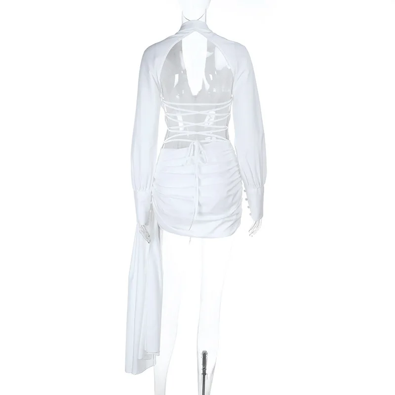 Women Fashion Sexy Lapel V Neck Long Sleeve Bodycon Clubwear Autumn Lace Up Backless Ruched Tie Ribbon Mini Shirt Dress