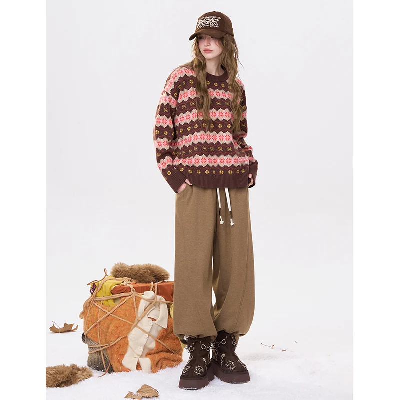 ELFSACK Minimalist Casual Solid Loose Straight Drawstring Floor Length Sweatpants For Women