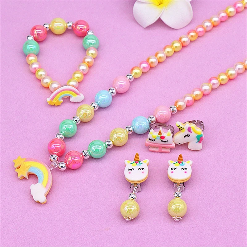 2/6Pcs Children\'s Bead Necklace Set Unicorn Rainbow Pendant Necklace Bracelet Ear Clip Girl Jewelry Accessories Children\'s Gifts