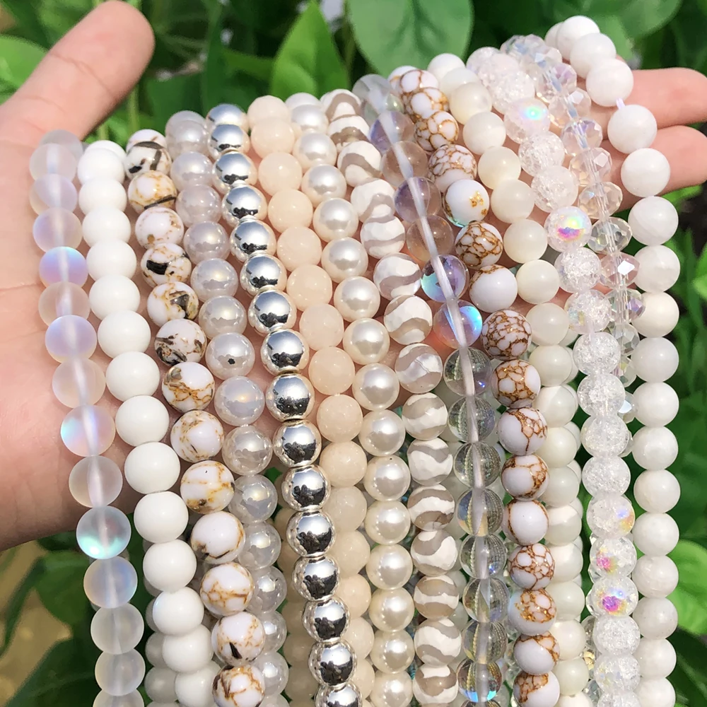 Natural Stone Beads 4-12mm White Agates Lava Opal Crystal Jades Moonstone Round Beads for Jewelry Making Diy Bracelet 15inches