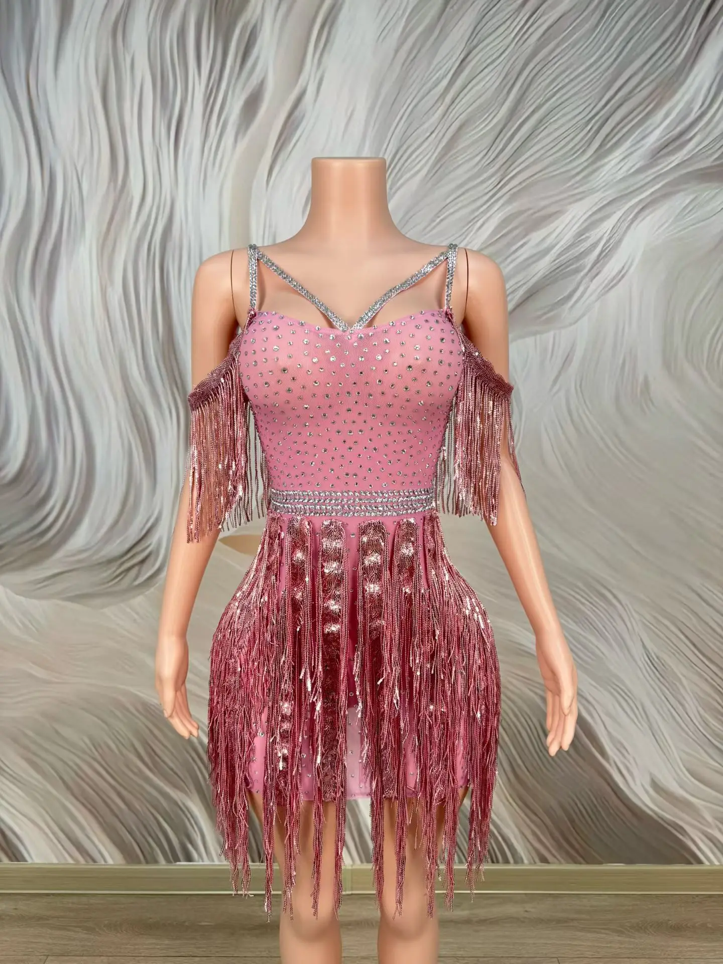 Bale Fashion Women Party Evening Gowns Sexy Hollow Pink Tassel Skirt Bar Stage Performance Costume Birthday Cocktail Gala Dress