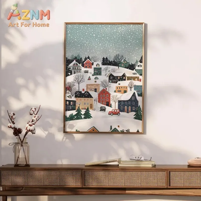 AZNM Frameless 2D Flat Cartoon Snowy Winter Village Town Canvas Print, Reusable Festive Nordic‑style Home Wall Art Decor