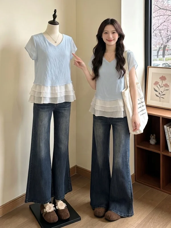 

Light Blue V-Neck Short Sleeve Shirt Women's plus Size Summer New Style Bell Hem Blouse Korean Style Loose Fit Commute Style