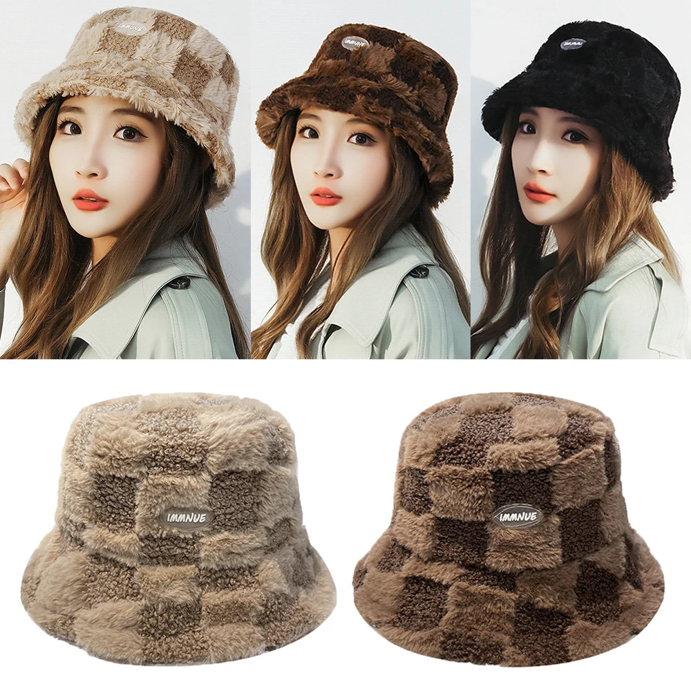 Unisex Bucket Hats For Women Men Winter Outdoor Sun Visor Panama Fisherman Cap Lamb Plaid Wholesale Chapeau