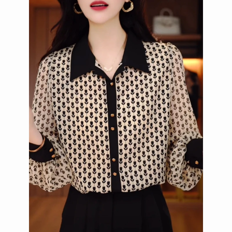 

Temperament Lapel Floral Shirt Spring New Fashion Aversatile Long-sleeved Patchwork Shirt Women to Reduce Age and Look Slimmer