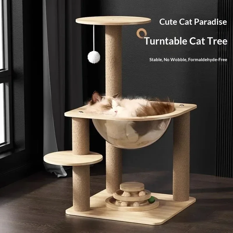 Compact Cat Condo with Scratching Post Cozy Hideaway Space-Saving Cat Tree Shelf for Apartment Living Room Cat Toys Space Capsul