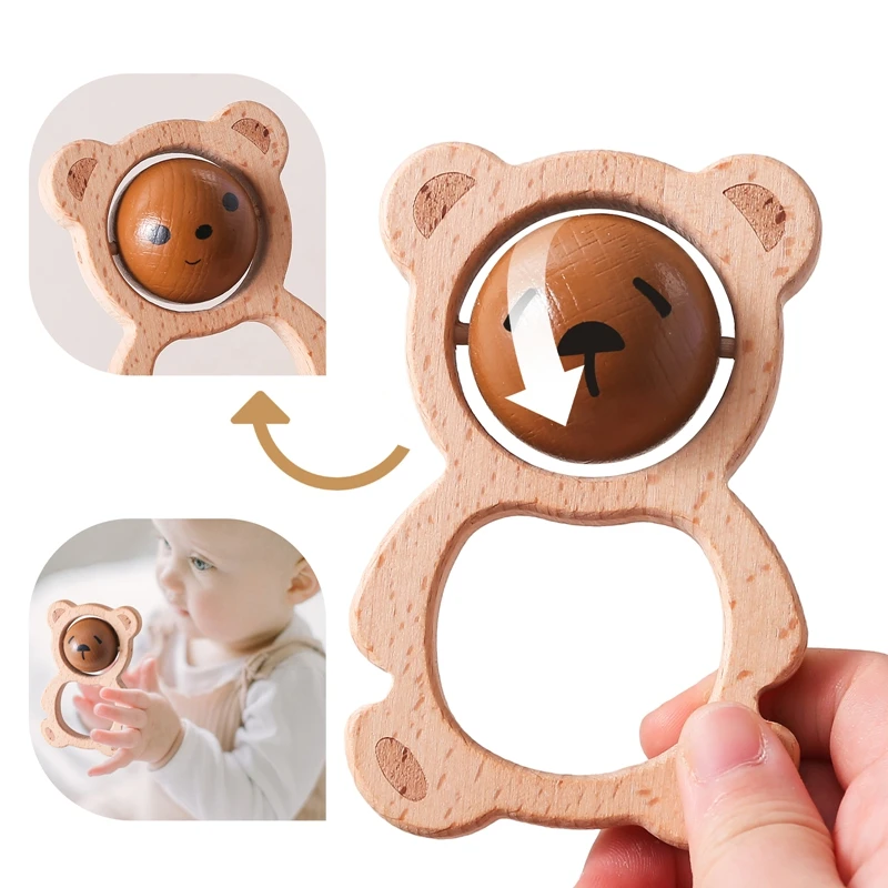 Sonajero de oso de dibujos animados de madera para bebé, juguete para masticar y moler dientes para recién nacidos, juguetes musicales para cuna sin BPA, juguetes relajantes, regalo de Navidad para bebé