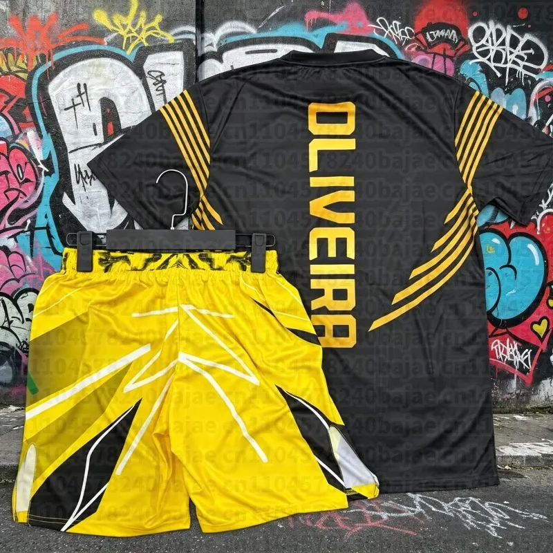 

Summer Charles Oliveira Yellow Edition Boxing Fighting Tee Shorts Men Quick-Dry Jersey Wrestling Running Sweat Absorbing Set
