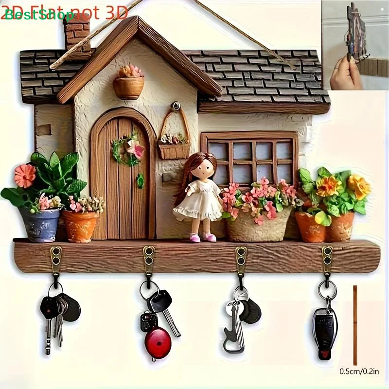 〔G〕Cottage House Resin Key Holder, 2D Flat Wall Mount Key Hook Rack, Decorative Floral Girl Design Wall Hanging Key Organizer