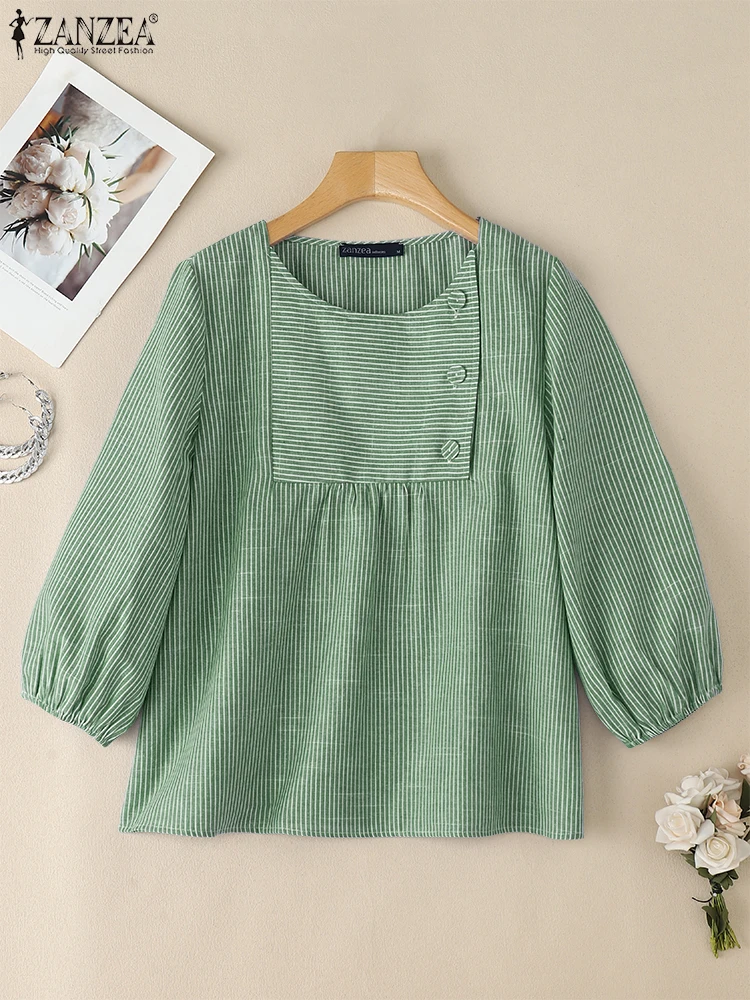 

ZANZEA Striped Patchwork Fashion A-Line Tops O-Neck Woman Day Wear Casual Blusas Mujer 2025 Summer 3/4 Puff Sleeve Blouses