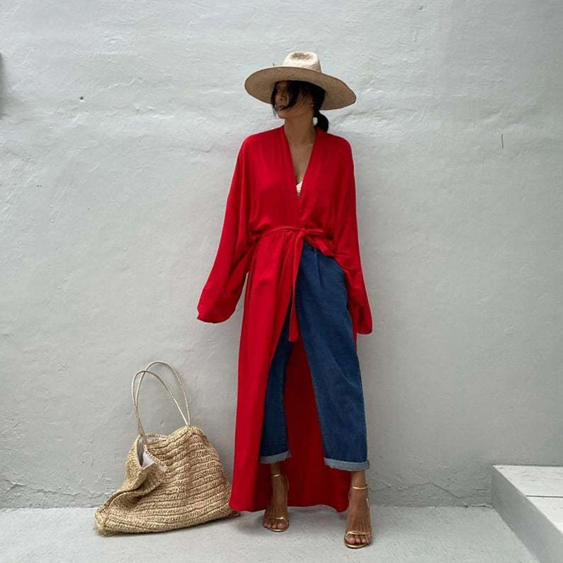 Solid Red Maxi Kimono Effortless Laid-Back Stylish Cardigan Women Rayon Long Sleeve Summer Light Coats Flowy Beach CoverUps Robe