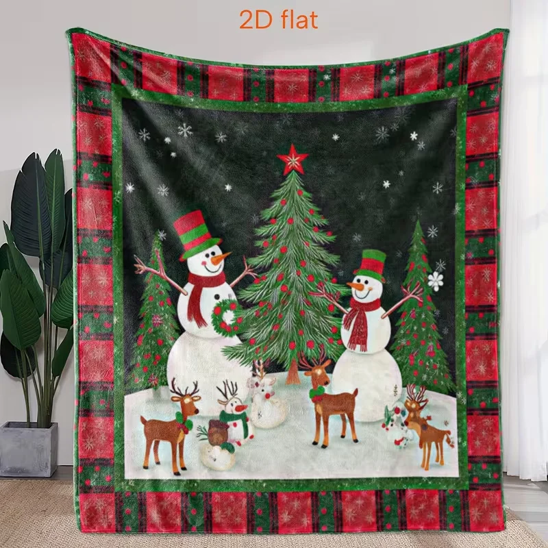 Plaid Frame Snowman Reindeer Christmas Blanket Snowflake Xmas Tree Print Soft Cozy Holiday Home Decor Blanket For Bedroom