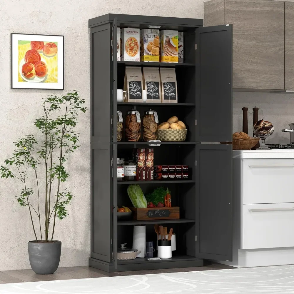 4 Door Kitchen Pantry, Freestanding Modern Storage Cabinet Organizer w/ 6-Tier Shelves, 2 Adjustable Shelves, Floor Cupboard