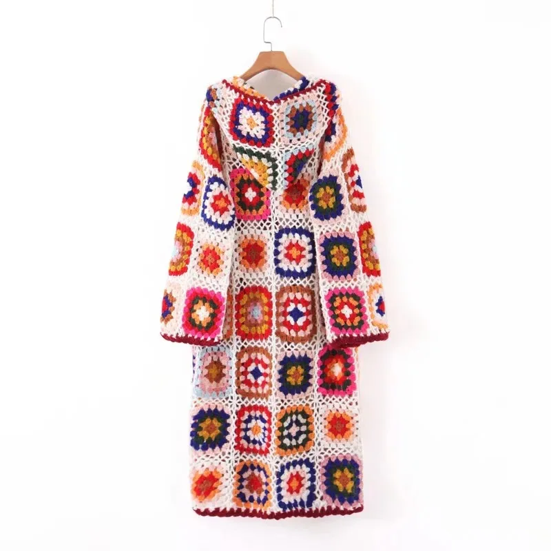 BOHO Hollow Out Colored Plaid Flower Hand Crochet Hooded Cardigan Ethnic Woman Bandage Lacing up Midi Long Sweater Beach Jumper