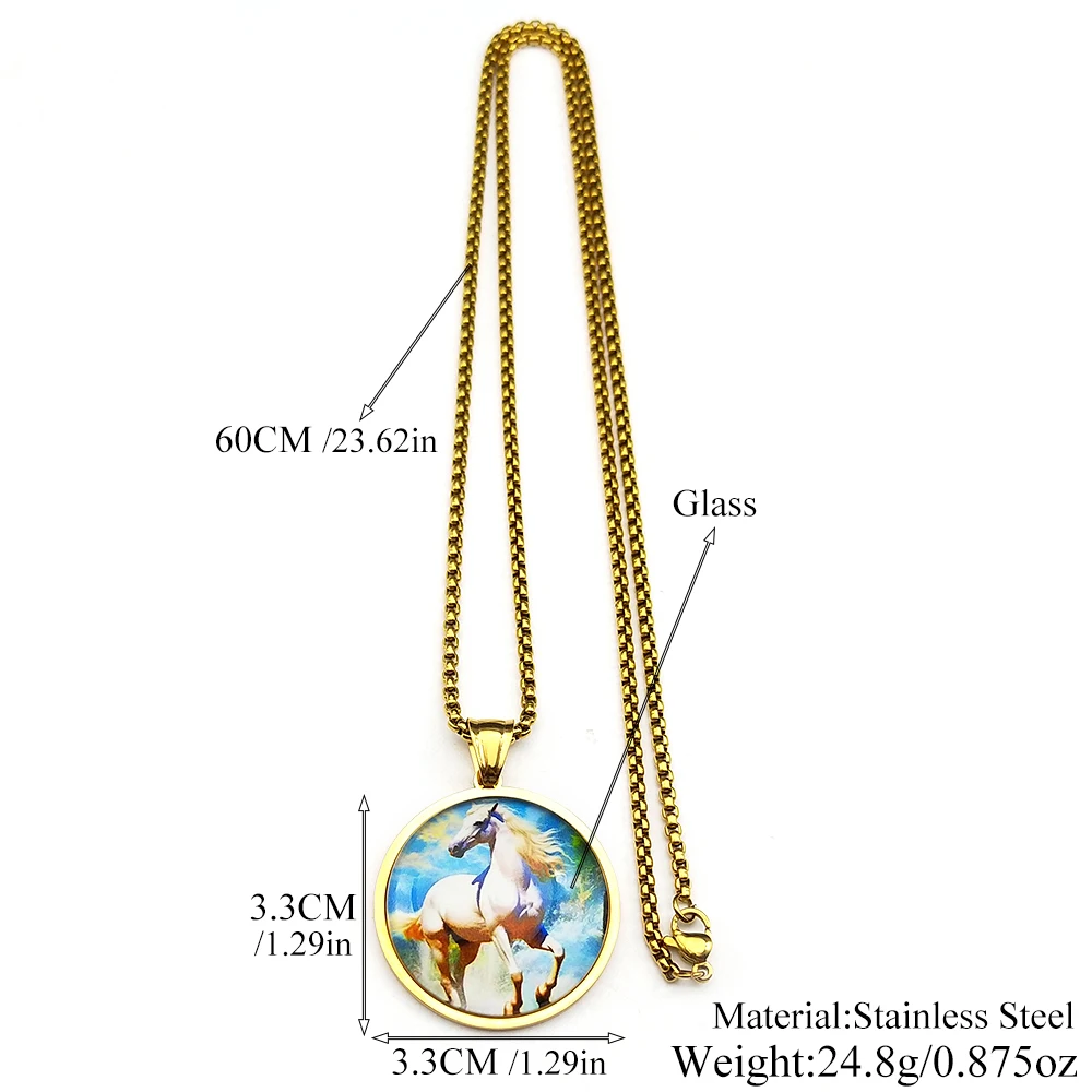 أنيقة الأبيض الحصان قلادة قلادة للنساء الرجال الفولاذ المقاوم للصدأ ميدالية الزجاج الحيوان المهر مزرعة المراعي سلسلة مجوهرات هدايا