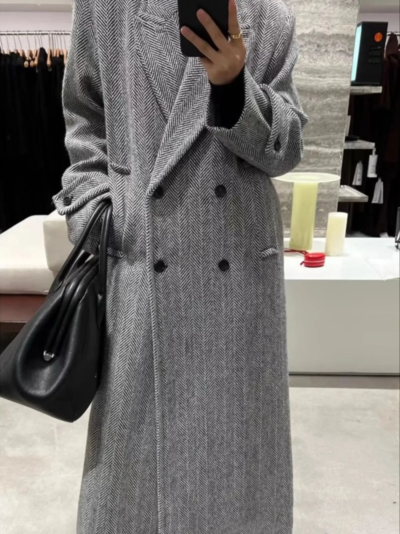 

Grey patterned long woolen coat for commuting style suit collar wool coat for autumn and winter