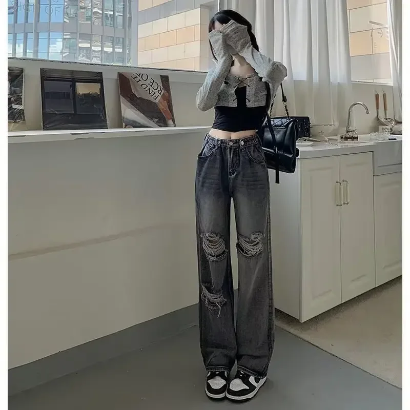 

Pop High Waist Straight Leg Jeans Women's Loose Fit Summer Thin Denim Pants Torn Hole Design For Pear Shaped Body Long Leggings