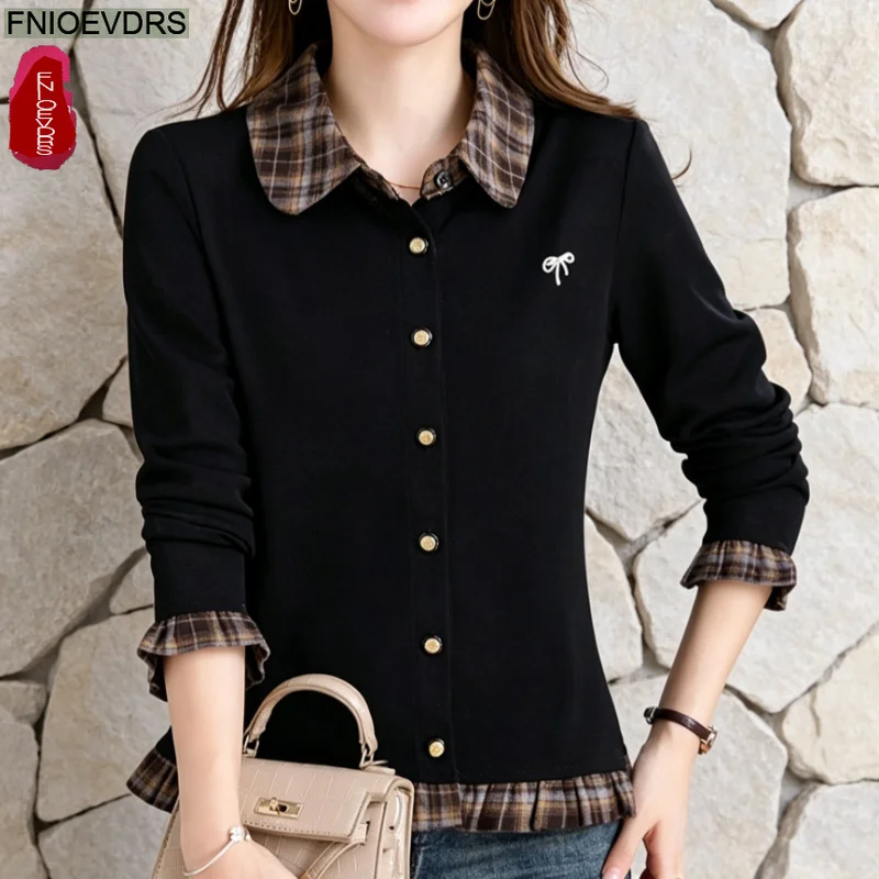 Retro Vintage Tops Blouses 2026 Autumn Basics Elegant Women's Plaid Print Shirts Fake Two Piece Ruffles Peplum Top