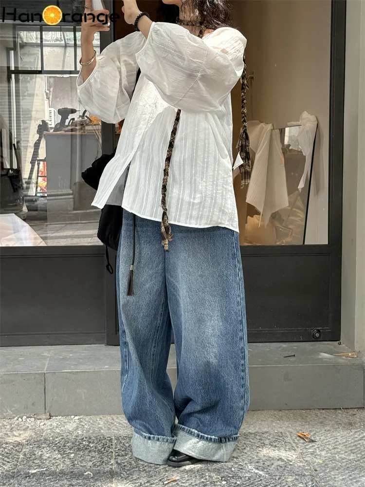 HanOrange 2025 Summer Reduced Age O-Neck Vertical Pattern Shirt Women Comfortable Breathable Loose Silhouette Top White