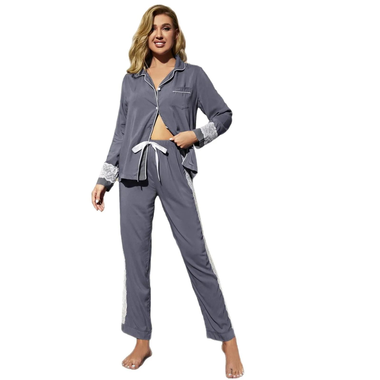 Sleepwear Autumn And Winter Long Sleeved Cardigan With Lace Decoration Women's Home Clothing Set Night Wear