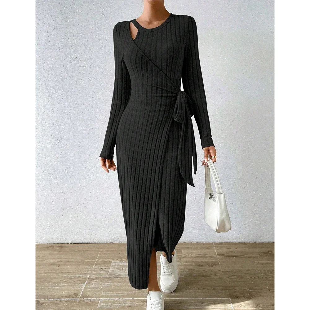 Cpsymym vestidos bodycon femininos nó assimétrico maxi manga comprida slim fit em torno do pescoço sólido vestidos de outono mulher