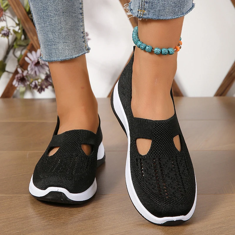 Women Sneakers Mixed Stretch Knitt Shoes Outdoor Mesh Breathable Platform Female Loafers Summer Lightweight Wear-resistant Flats