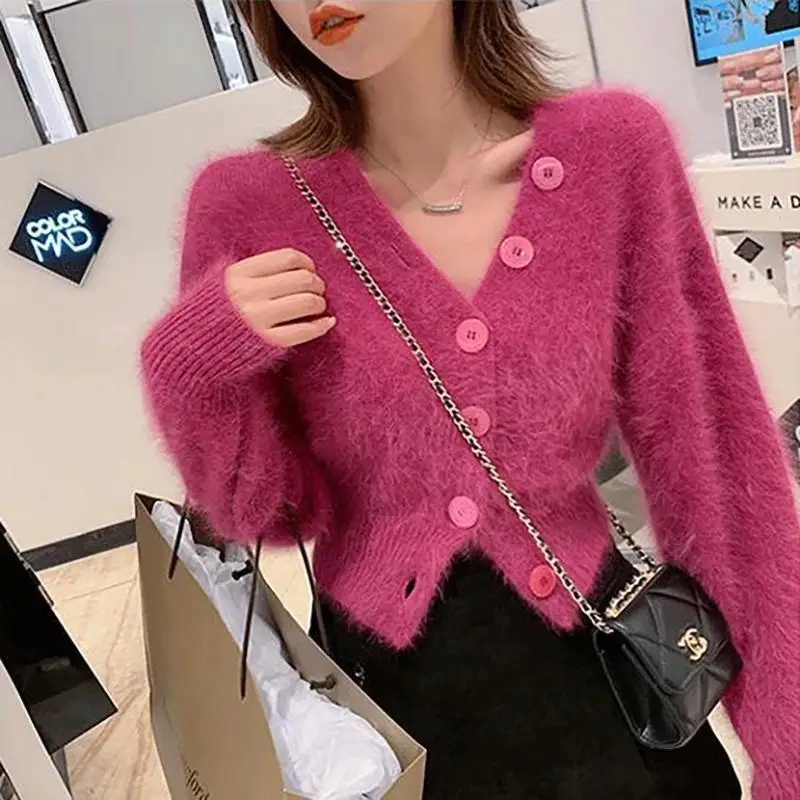 Fengma Haimao Sweater For Women, Loose Fit, Autumn And Winter Short Top, V-Neck Mink Fur Knitted Jacket, Cardigan