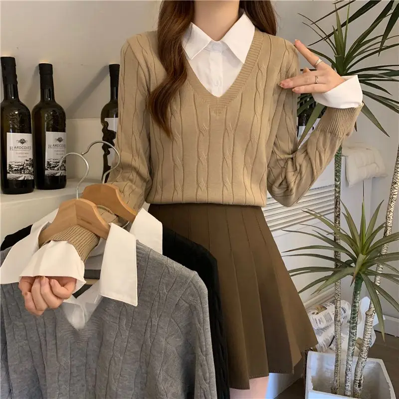 

Fake Two Pieces Knitted Jumpers Female Clothing Stylish Patchwork 2024 Spring Autumn Polo-Neck Button Loose Long Sleeve Sweaters