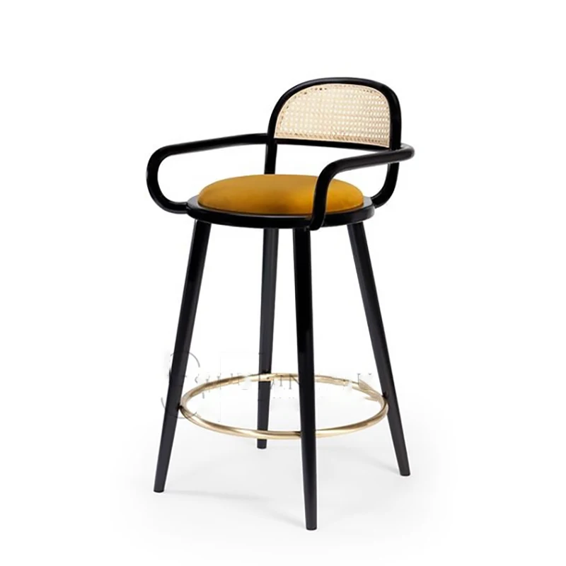 

Modern minimalist light luxury fashion metal high chair retro bar cafe front desk rattan back chair